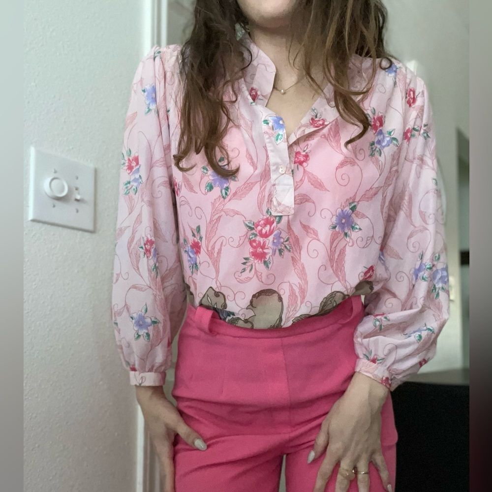 Vintage 70s Pink Whimsical Floral Art‎ Deco Blouse Size Medium Pink Brown Birds
